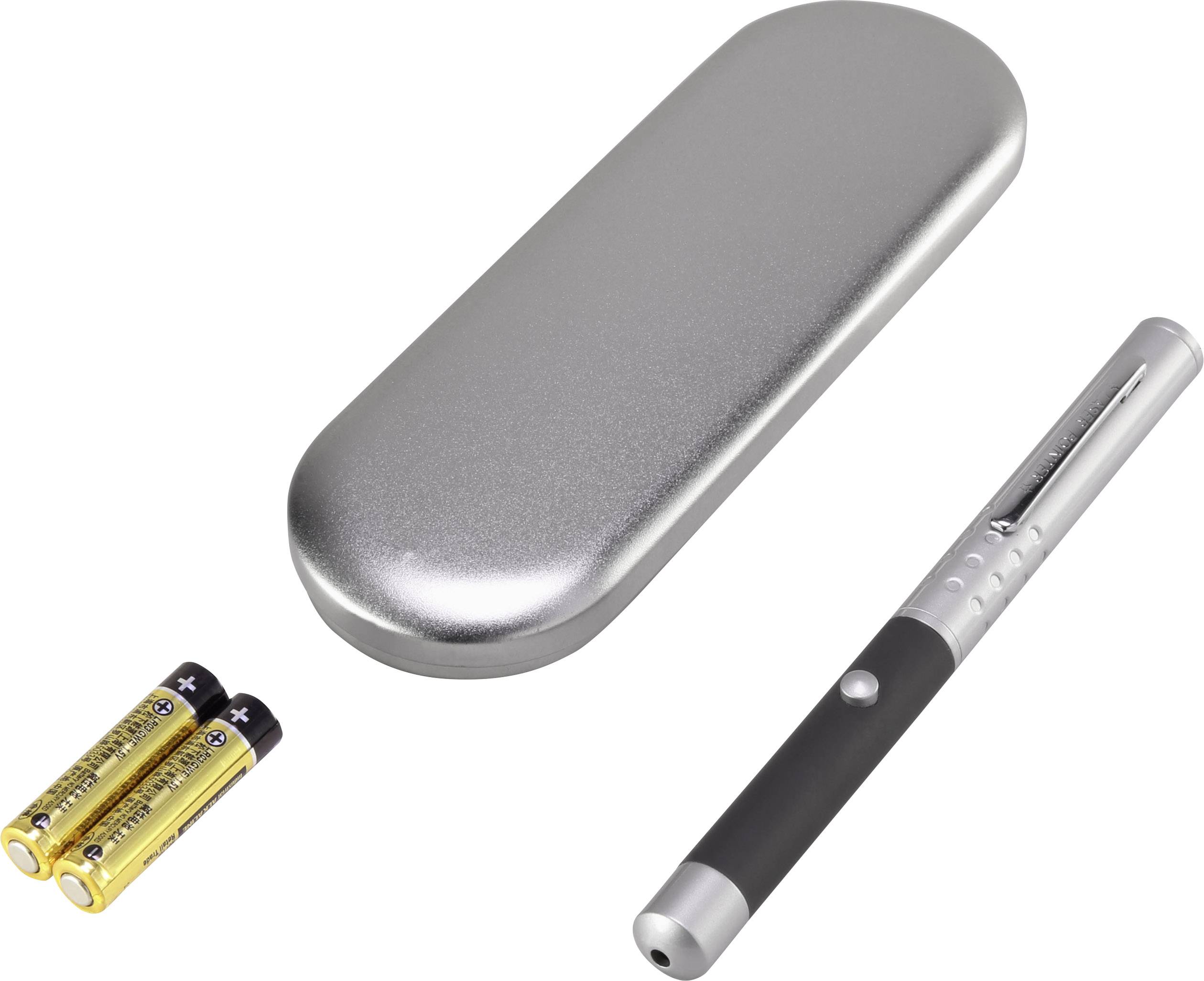 Ein laserpointer mit Batterien und einem silbernen Etui.