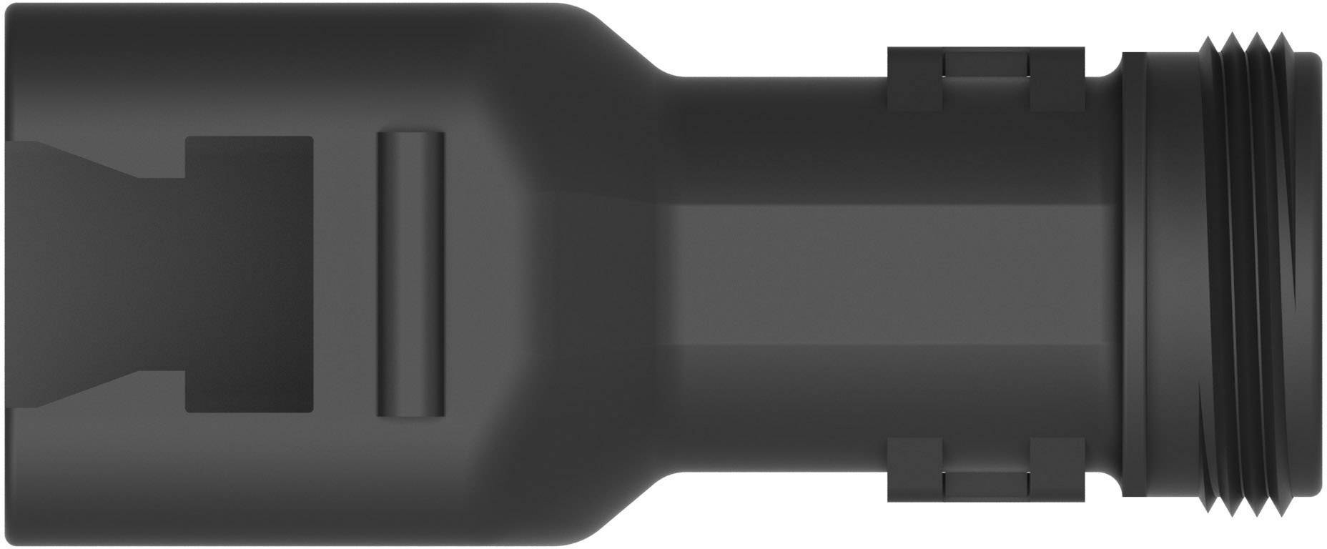 Ein schwarzer, zylindrischer Adapter mit gerilltem Anschluss und seitlicher Öffnung.