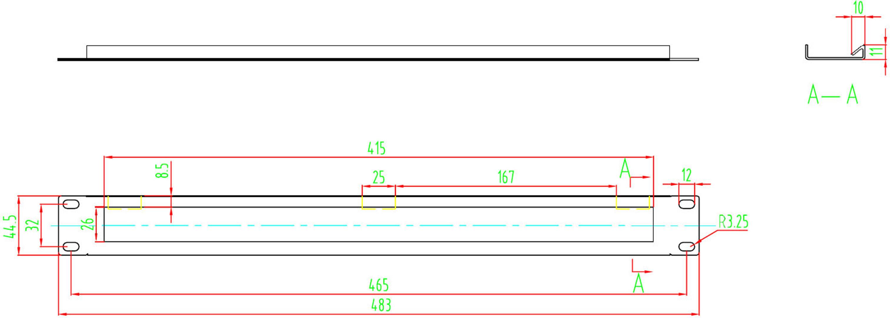 Technische Zeichnung eines flachen rechteckigen Objekts mit Abmessungen. Seitenansicht zeigt Länge 483 mm und Breite 36 mm. Profilansicht oben rechts.
