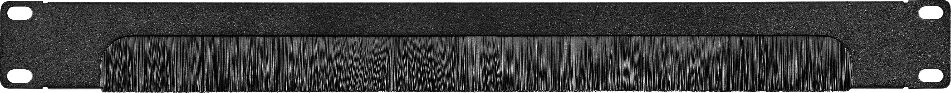 Ein schwarzer Kabeldurchlass aus Kunststoff, rechteckige Form, zur Befestigung in einem Rack oder an einer Wand.