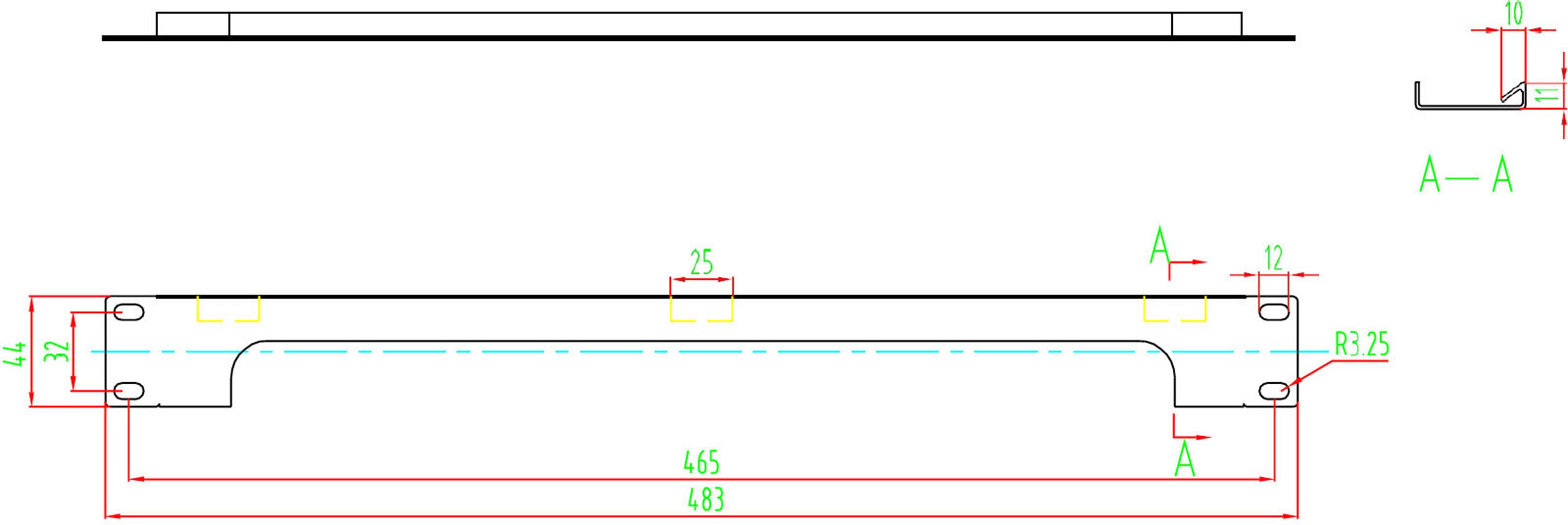 Technische Zeichnung eines rechteckigen Metallbauteils, Seitenansicht und Querschnitt A-A, zeigt Maße und Biegungen.