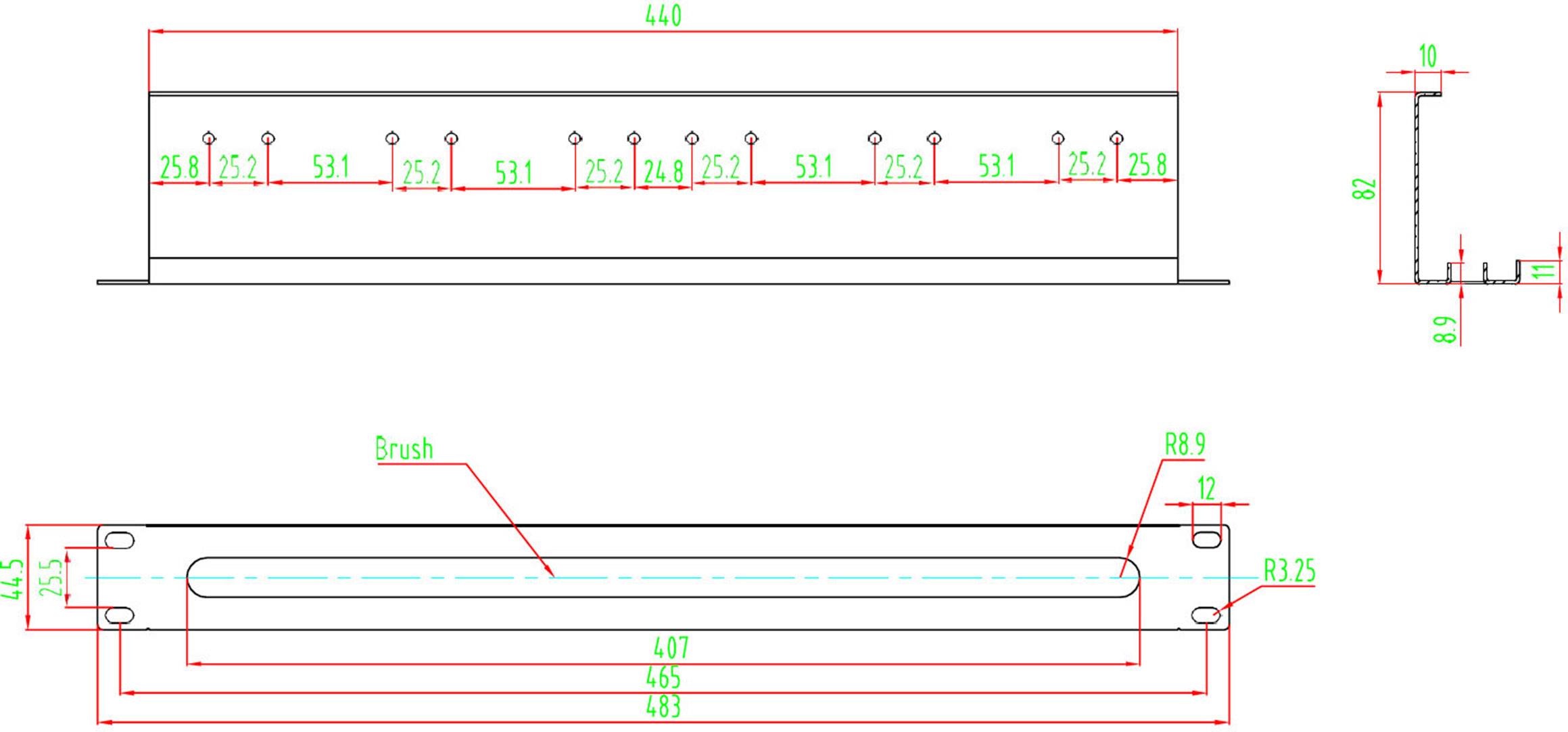 Technische Zeichnung eines Metallprofils mit detaillierten Maßen: Länge 440 mm, Höhe 80 mm, Breite 12 mm. Zeigt Querschnitt und Ansichten.
