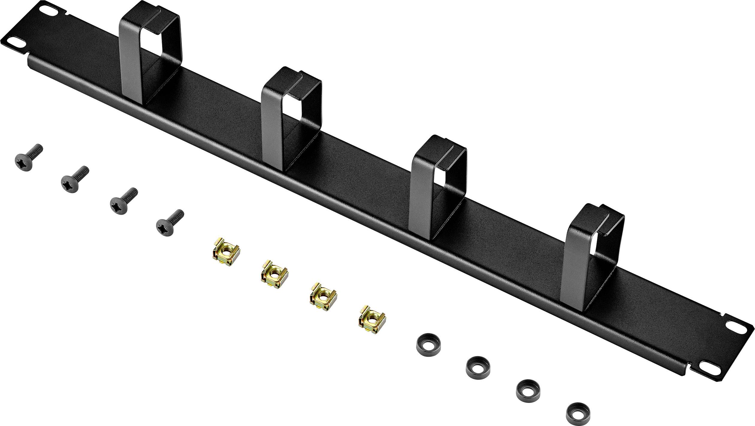 Schwarze Kabelmanagementhalterung mit vier Clips zur Befestigung an einem Rack. Enthält Schrauben, Unterlegscheiben und Muttern zur Montage.