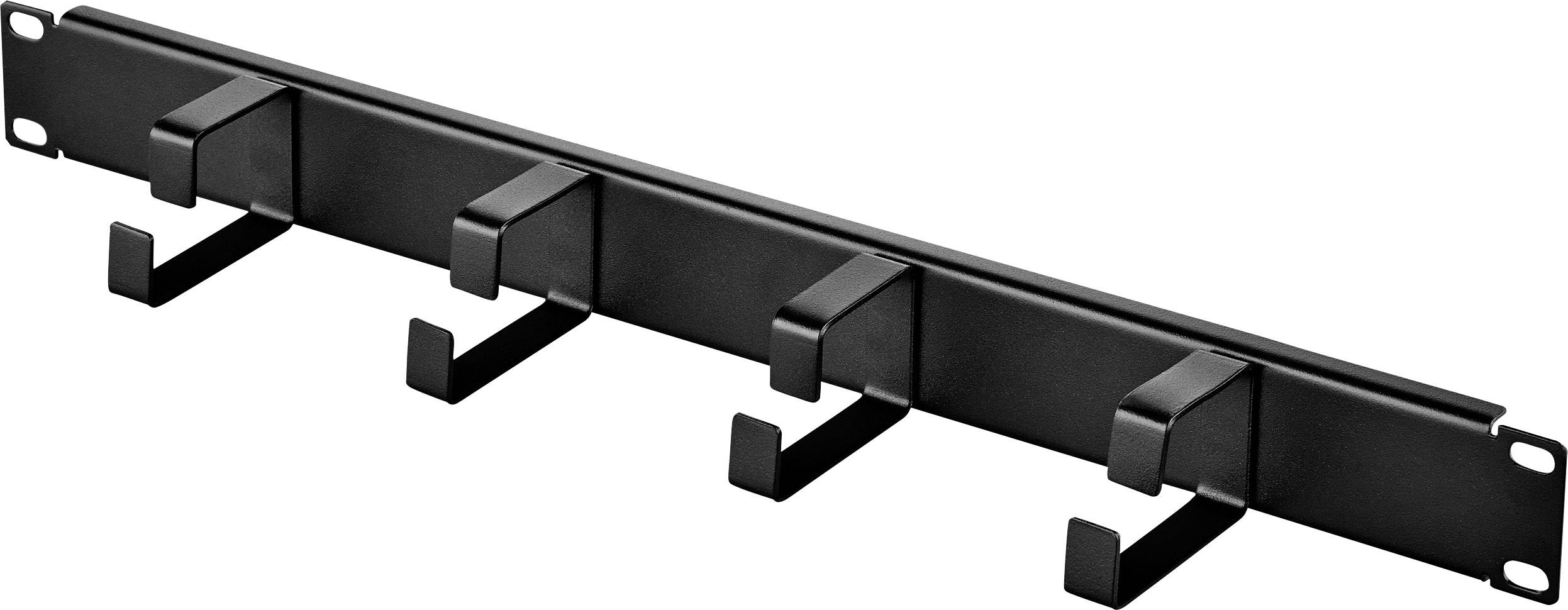 Schwarzes Kabelmanagement-Gestell aus Metall mit fünf Haken, horizontal ausgerichtet, zur ordentlichen Führung von Kabeln.