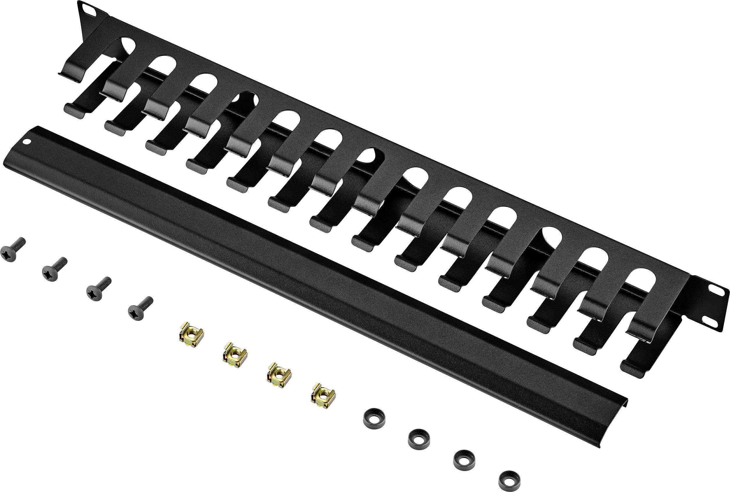Schwarzes Kabelmanagementpanel mit abnehmbarer Abdeckung, Montageschrauben und Unterlegscheiben. Geeignet für 19-Zoll-Racks.