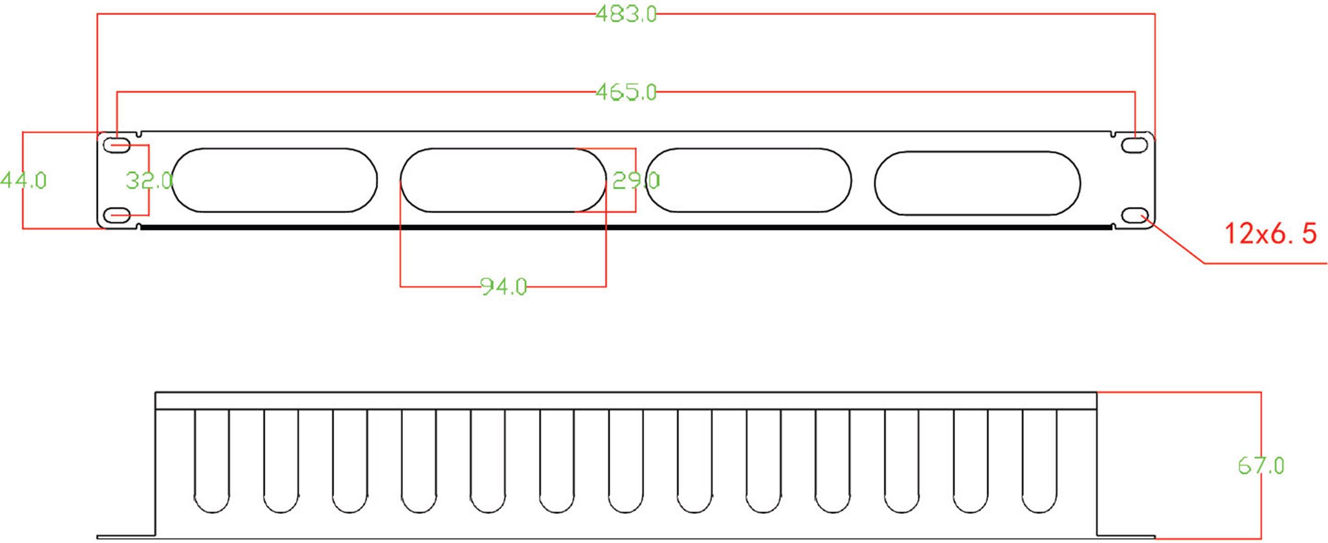 Zeichnung eines Rack-Mount-Panels mit Maßen: Breite 483mm, Höhe 44mm, mit Lüftungsschlitzen. Seitliche Ansicht zeigt zwölf Lüftungsschlitze.