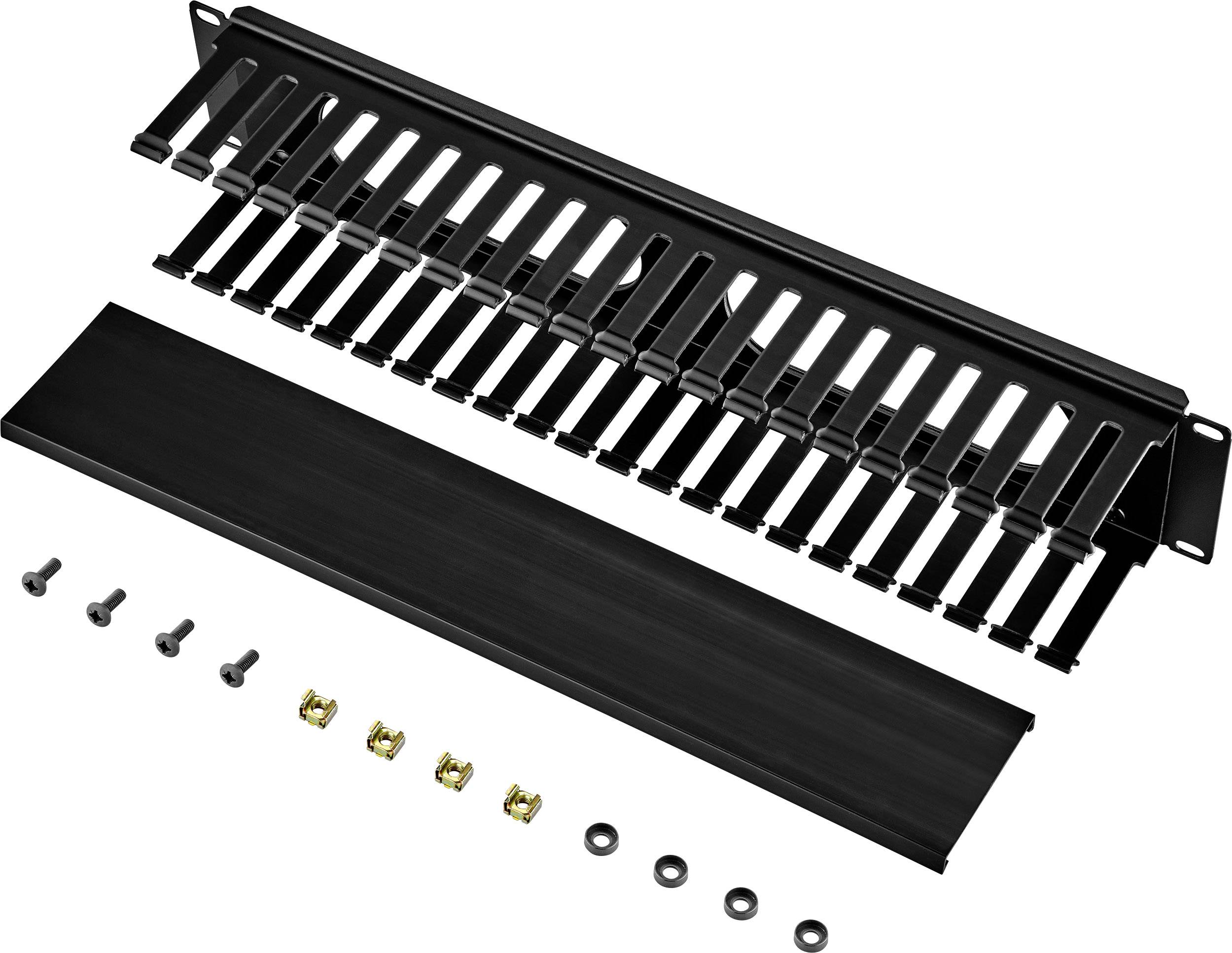 Ein schwarzes Kabelmanagement-Panel mit Abdeckung, Schrauben und Muttern. Dient zur ordentlichen Führung von Kabeln in Racks.