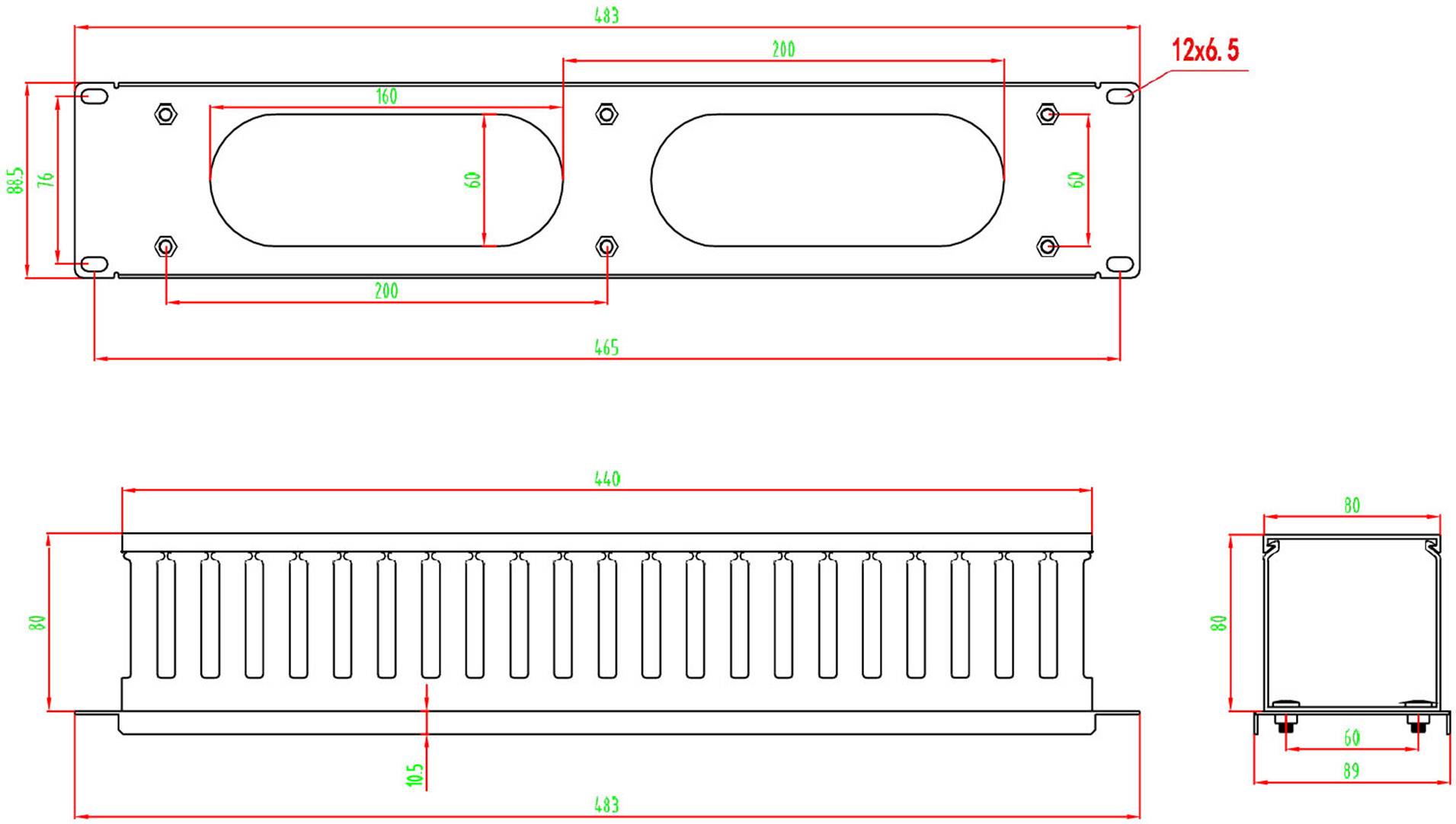 Technische Zeichnung einer rechteckigen Metallplatte mit Maße. Oben Ansicht mit ovalen Ausschnitten, seitliche und frontale Ansichten unten.