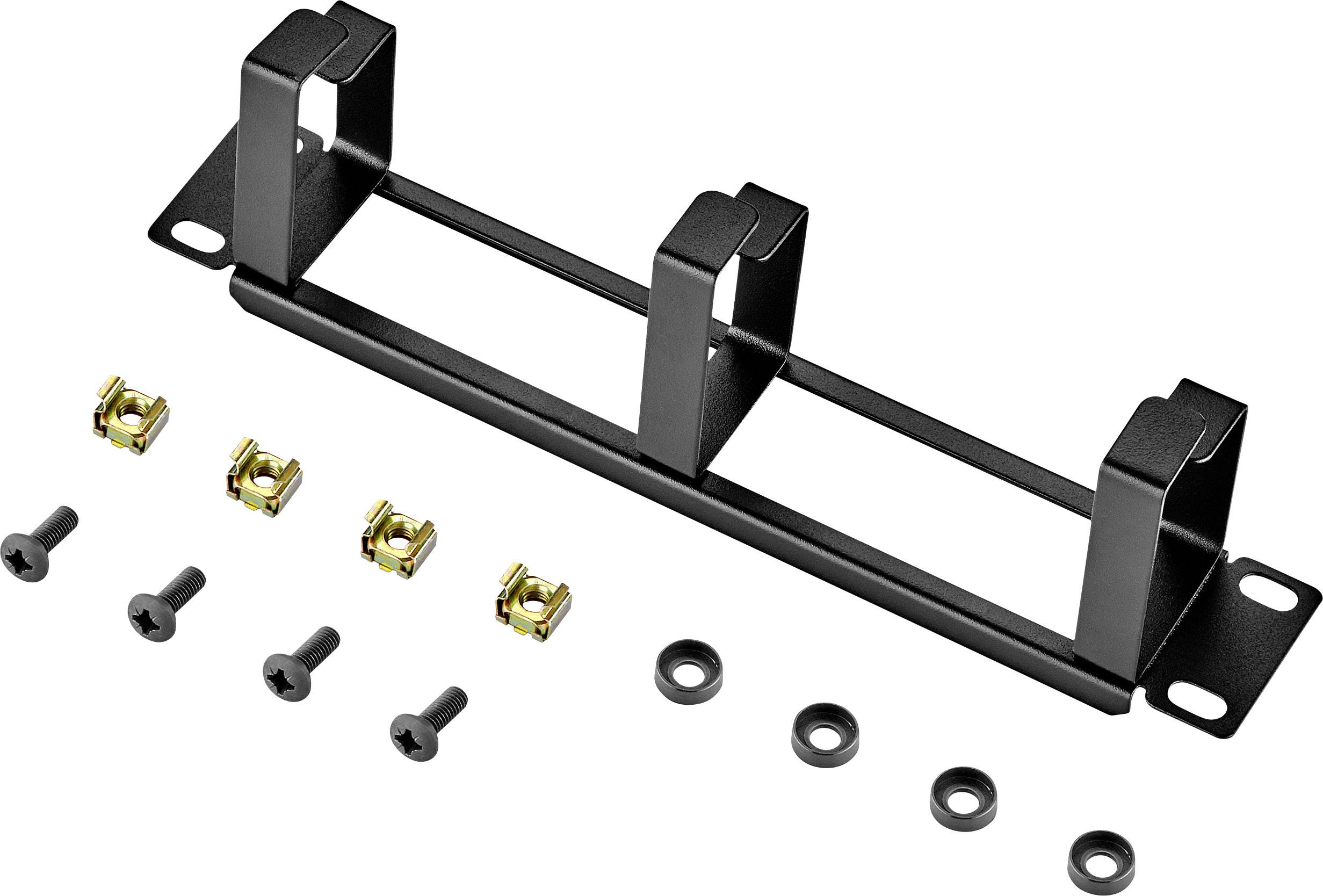 Ein schwarzes Metallhalterungsset mit mehreren Schrauben, Muttern und Unterlegscheiben, angezeigt in einer Flachansicht vor weißem Hintergrund.