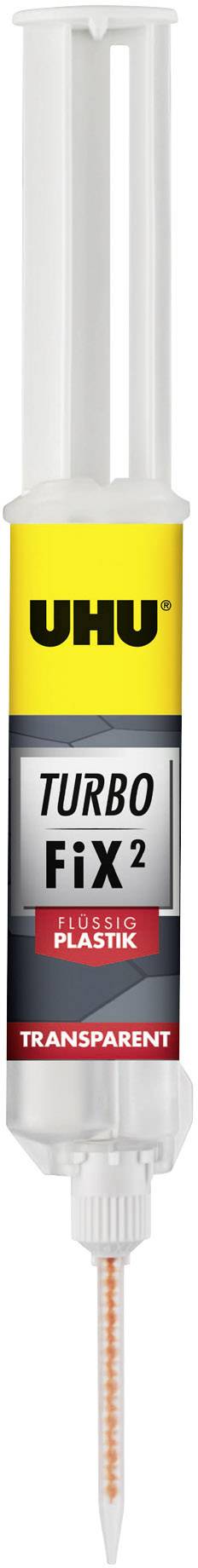 Eine doppelte Klebstoffspritze der Marke UHU Turbo Fix 2 in gelb-schwarz-rotem Design, mit der Aufschrift 'transparent'.