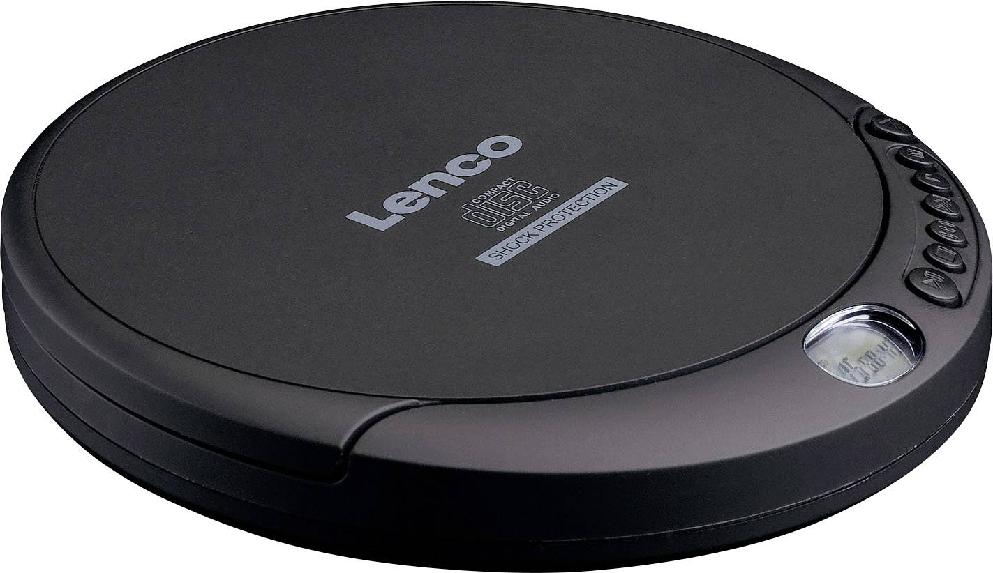 Ein tragbarer CD-Player mit der Aufschrift 'Lenco' und 'Anti-Shock Protection'. Das Gehäuse ist rund und schwarz mit Bedienknöpfen an der Seite.