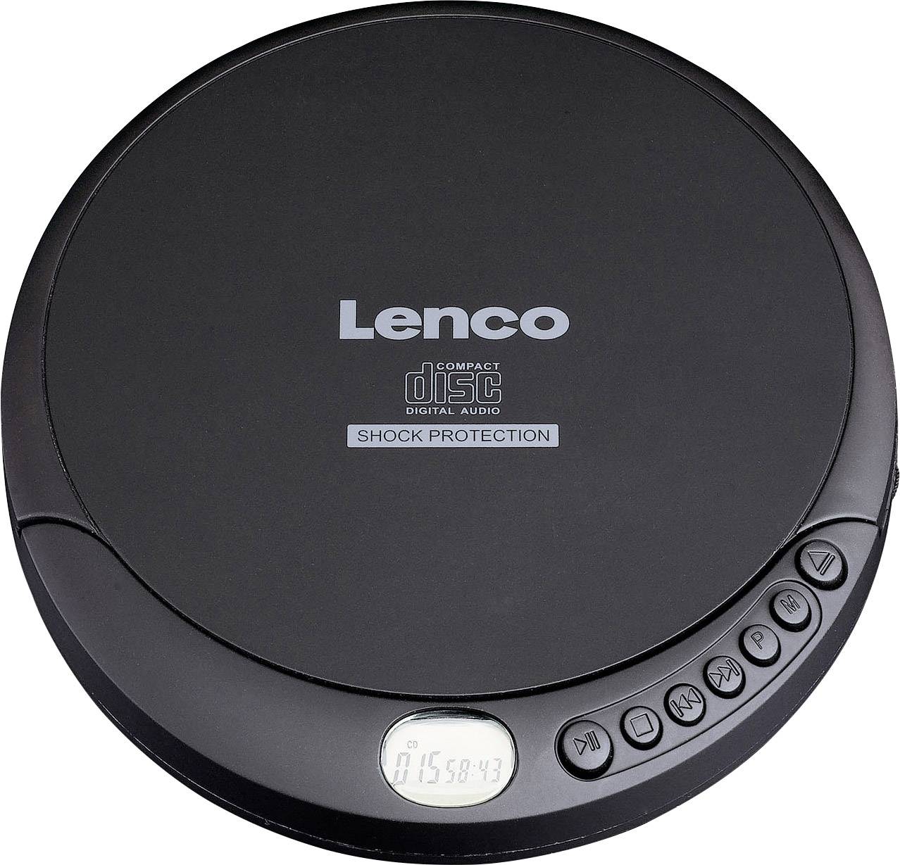 Schwarzer tragbarer CD-Player der Marke Lenco mit Shock Protection, Displayanzeige zeigt '01 58:43', Tasten für Steuerung.