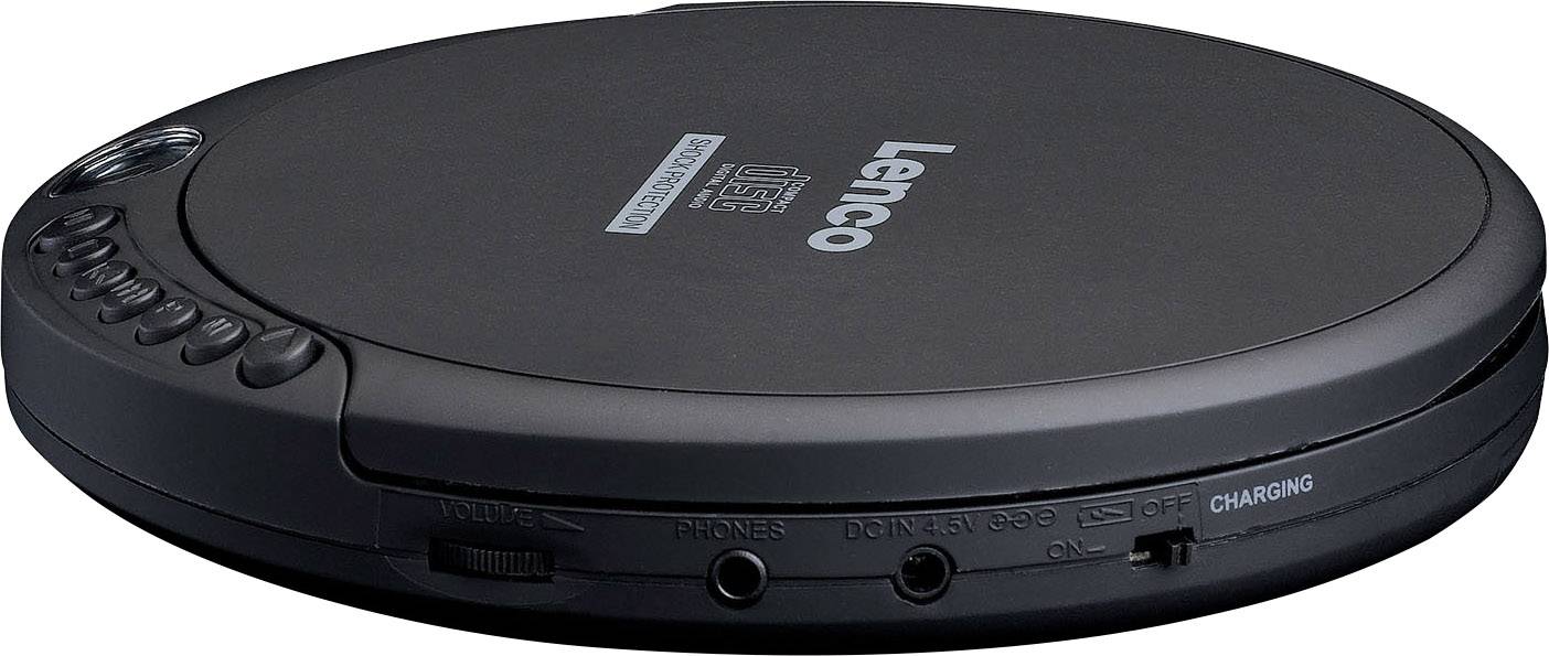 Tragbarer CD-Player in Schwarz von der Marke Lenco, zeigt Bedienelemente und Anschlüsse für Kopfhörer an der Seite.