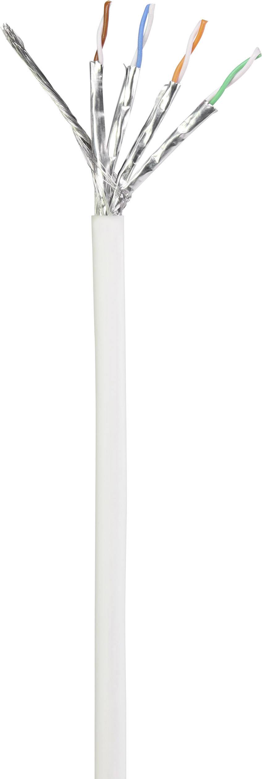 Ein offenes Stück LAN-Kabel mit acht freiliegenden, farbig ummantelten Drähten in Silberfolie.