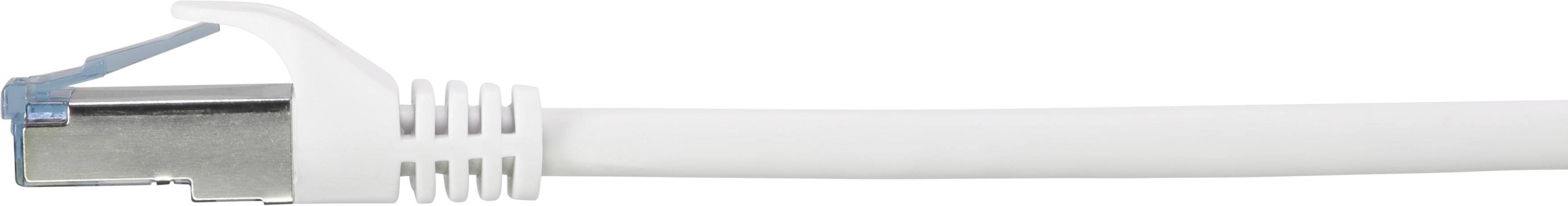 Ein weißes Ethernet-Kabel mit einem RJ-45-Stecker, das zur Netzwerkverbindung von Computern und Geräten verwendet wird.