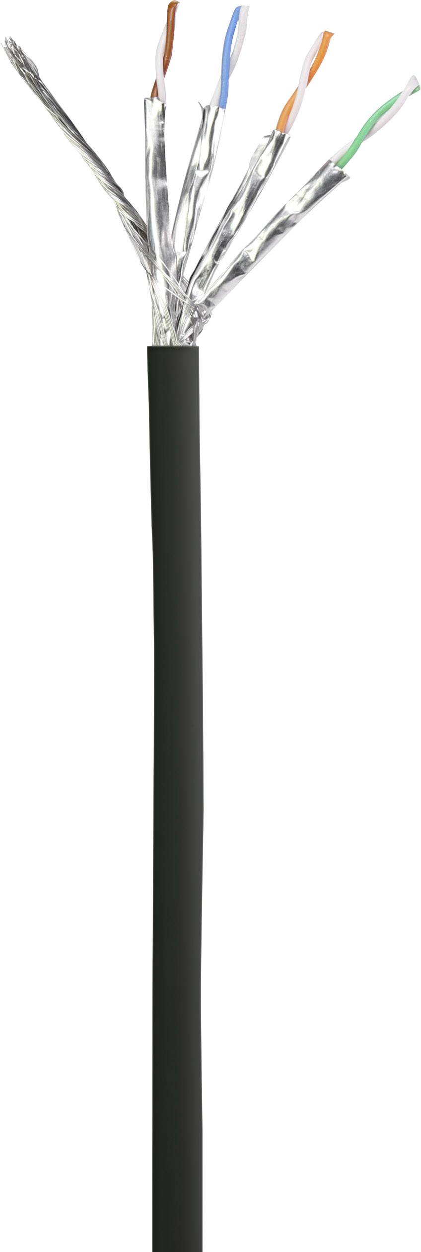 Nahaufnahme eines offenen Ethernet-Kabels mit farbigen, paarweise verdrillten Adern und silberner Abschirmung.