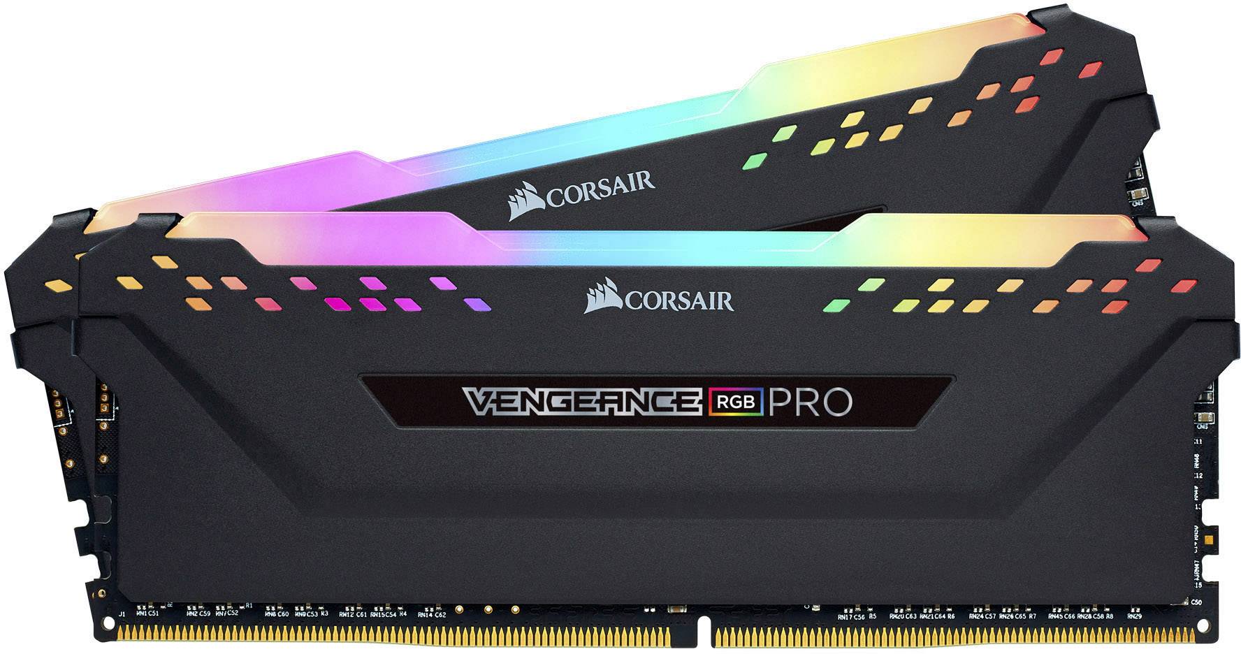 Zwei Corsair Vengeance RGB Pro RAM-Module mit mehrfarbiger LED-Beleuchtung, geeignet für leistungsstarke Computer-Builds.
