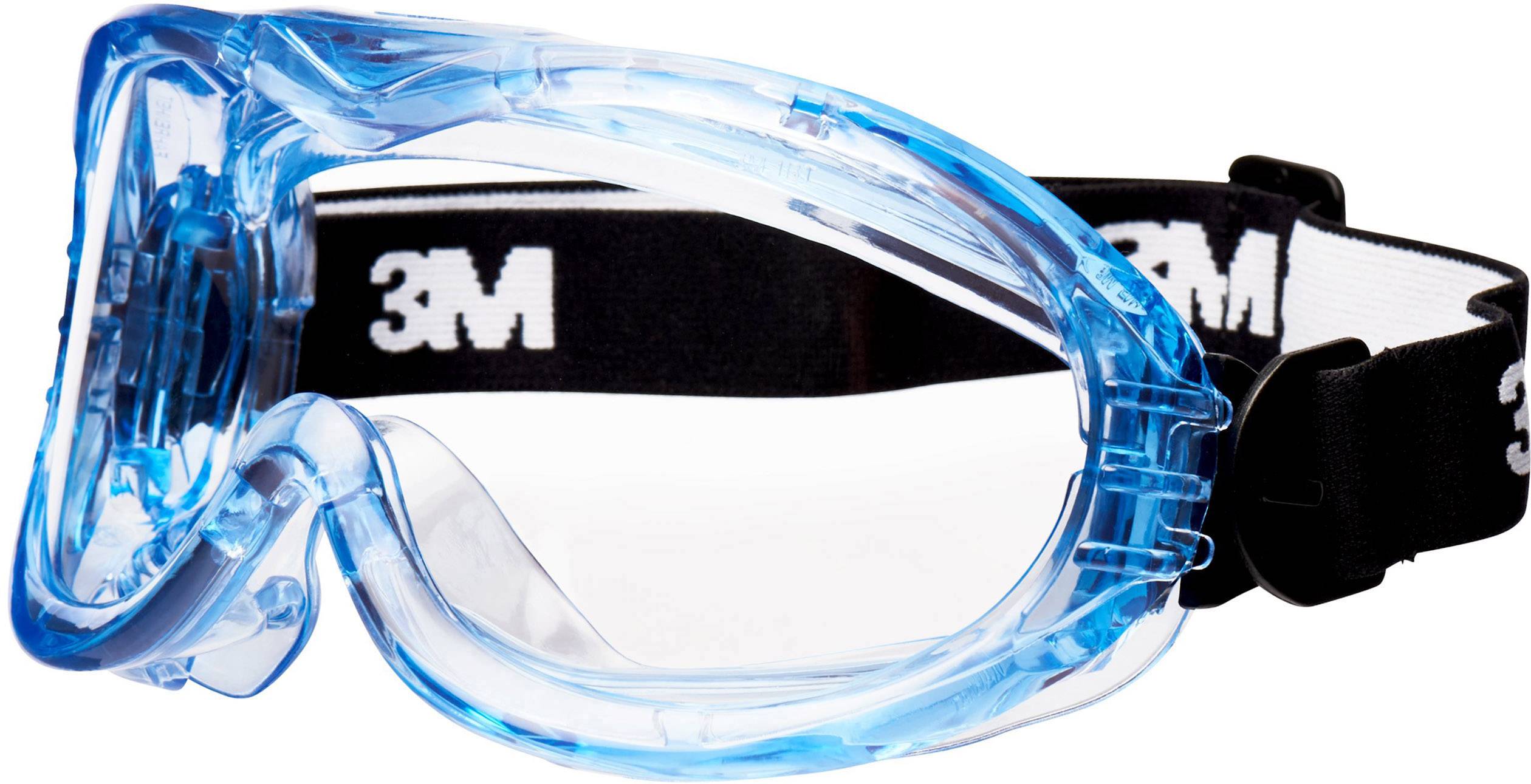 Schutzbrille mit blauem Rahmen und verstellbarem schwarzen Gurt, geeignet für den Einsatz in Laboren oder bei handwerklichen Tätigkeiten.