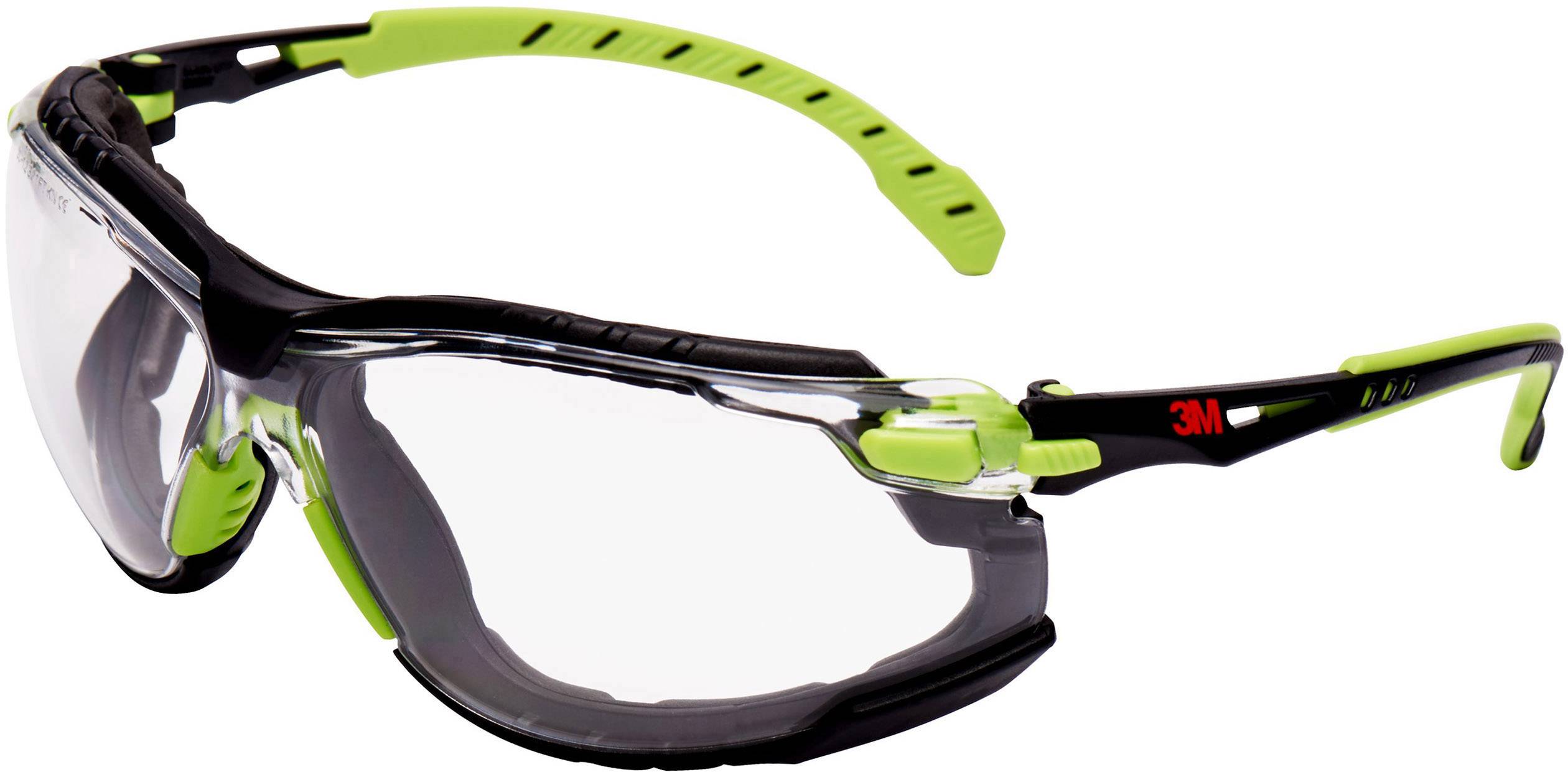 Eine Schutzbrille mit transparenten Gläsern, schwarzem Rahmen und grünen Details, geeignet für Sicherheitszwecke in Arbeitsumgebungen.