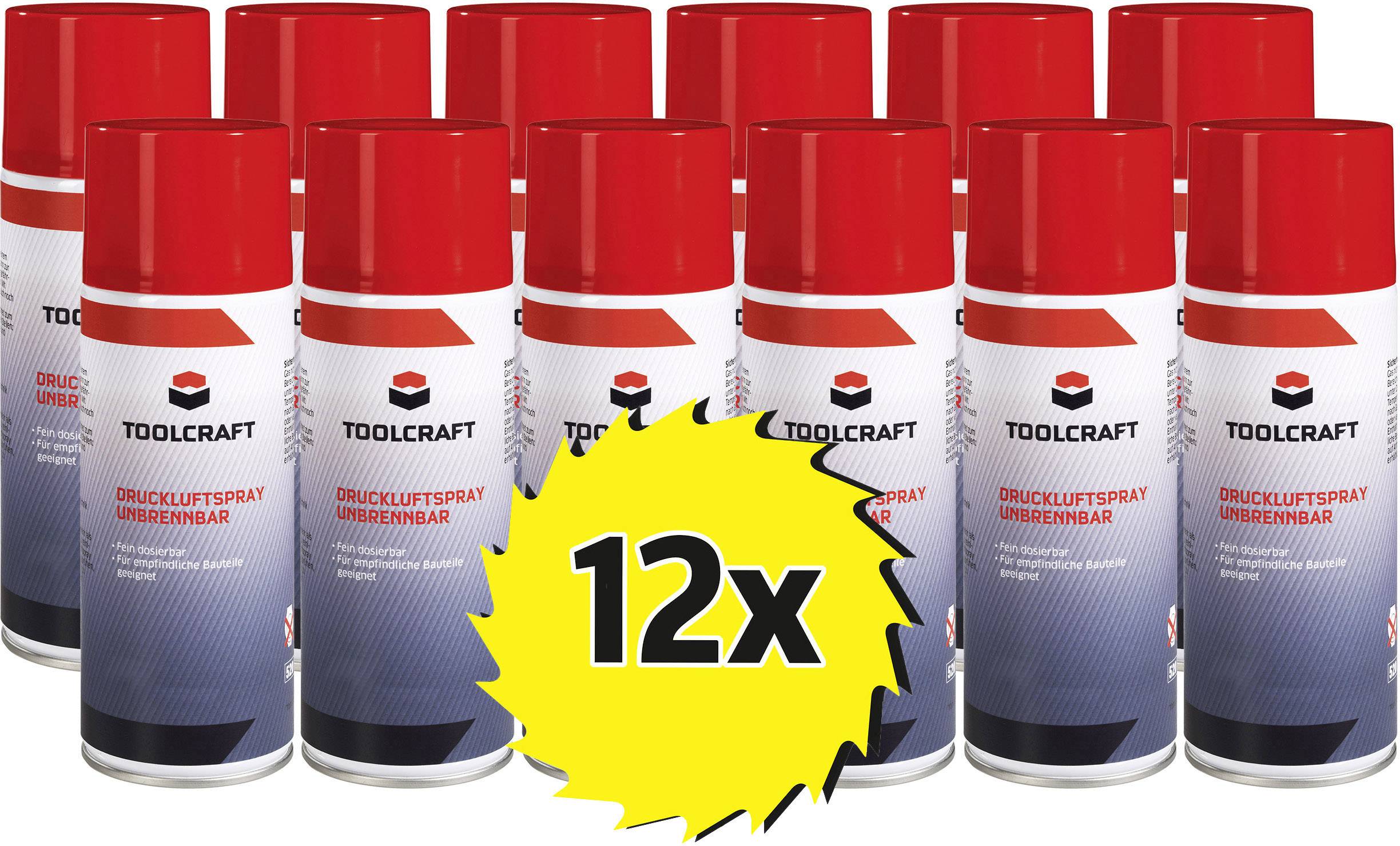Zwölf rote Sprühdosen der Marke Toolcraft, dargestellt mit gelbem Stern, der '12x' anzeigt.