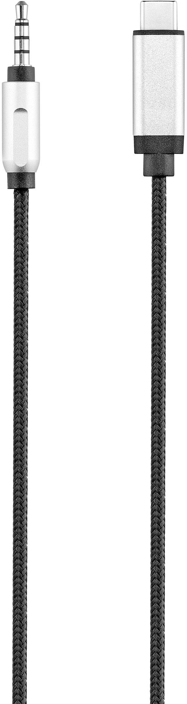 Ein geflochtenes Kabel mit einem 3,5-mm-Audiostecker auf der linken Seite und einem USB-C-Stecker auf der rechten Seite.