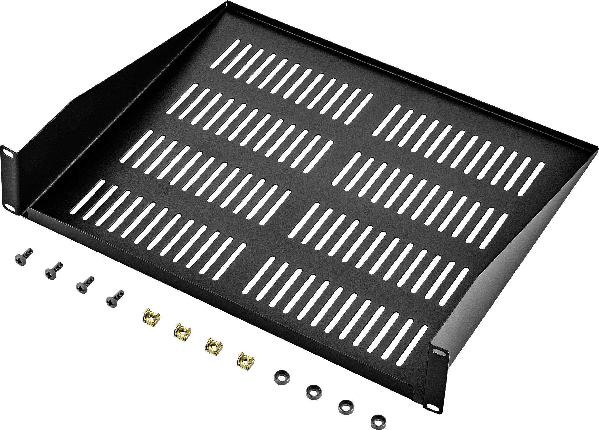 Schwarzes Regal mit Lüftungsschlitzen, Schrauben, Muttern und Unterlegscheiben. Geeignet für technische oder IT-Racks.
