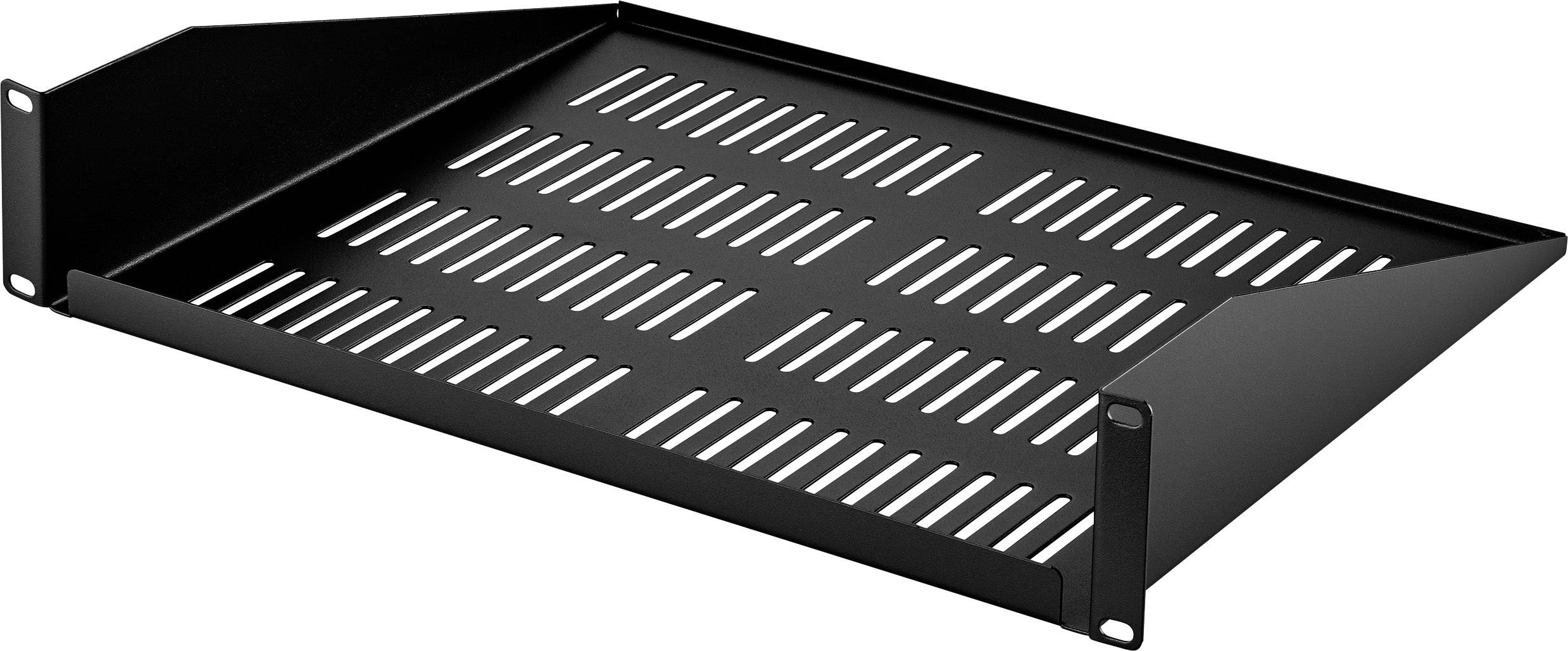 Schwarzes, perforiertes Ablagefach aus Metall, geeignet zur Montage in einem Server-Rack zur Unterstützung von Geräten.