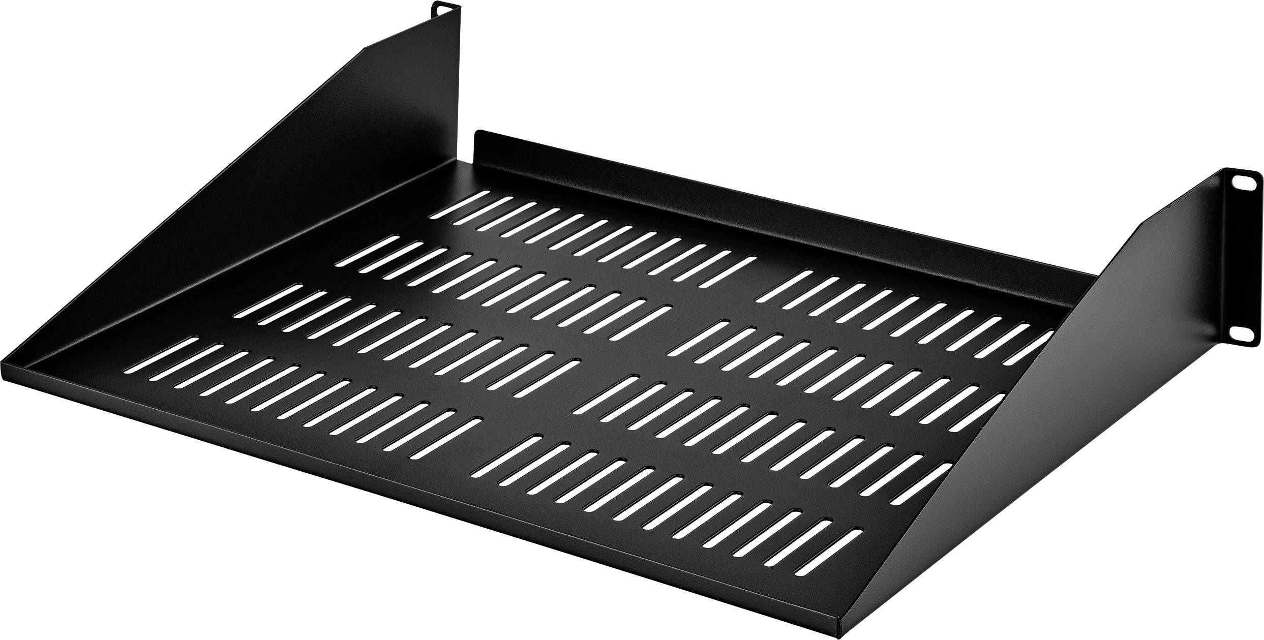 Schwarzes belüftetes Gehäuse-Regal, geeignet zur Montage in einem Rack, zeigt Schlitze zur Wärmeableitung und zwei Seitenhalterungen.