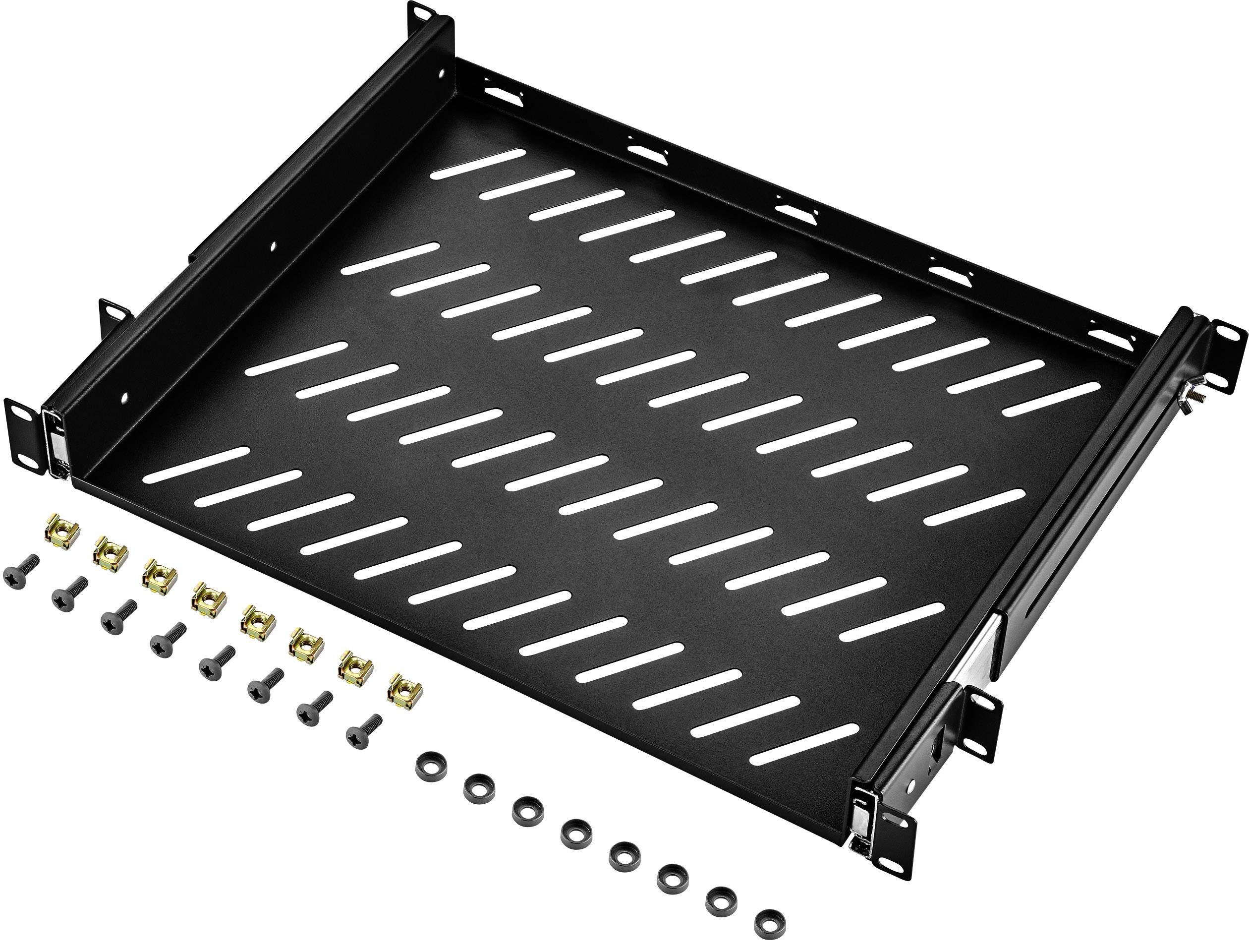 Ein schwarzes Metallregal mit Schlitzen, inklusive Schrauben und Bolzen, geeignet zur Installation in einem Racksystem.