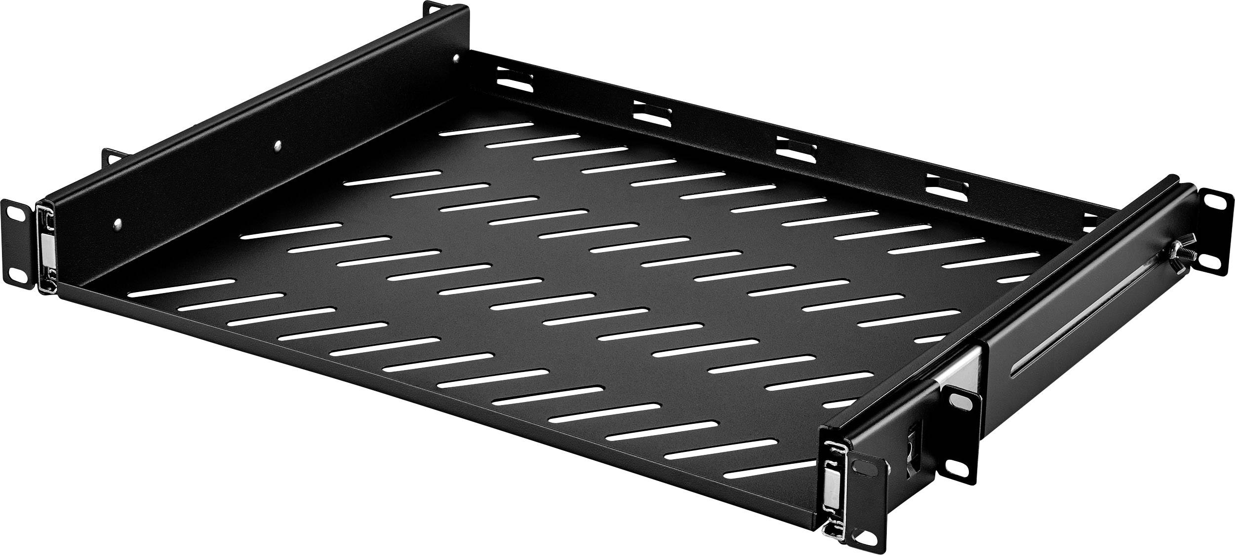 Schwarzes, belüftetes Rack-Einschubfach zur Montage in einem Server- oder IT-Schrank, mit seitlichen Halterungen und Lüftungsschlitzen.