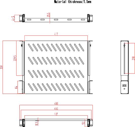 Technische Zeichnung einer mechanischen Vorrichtung mit Maßen in Millimetern. Details von Länge, Breite, Höhe und Bohrungen enthalten.