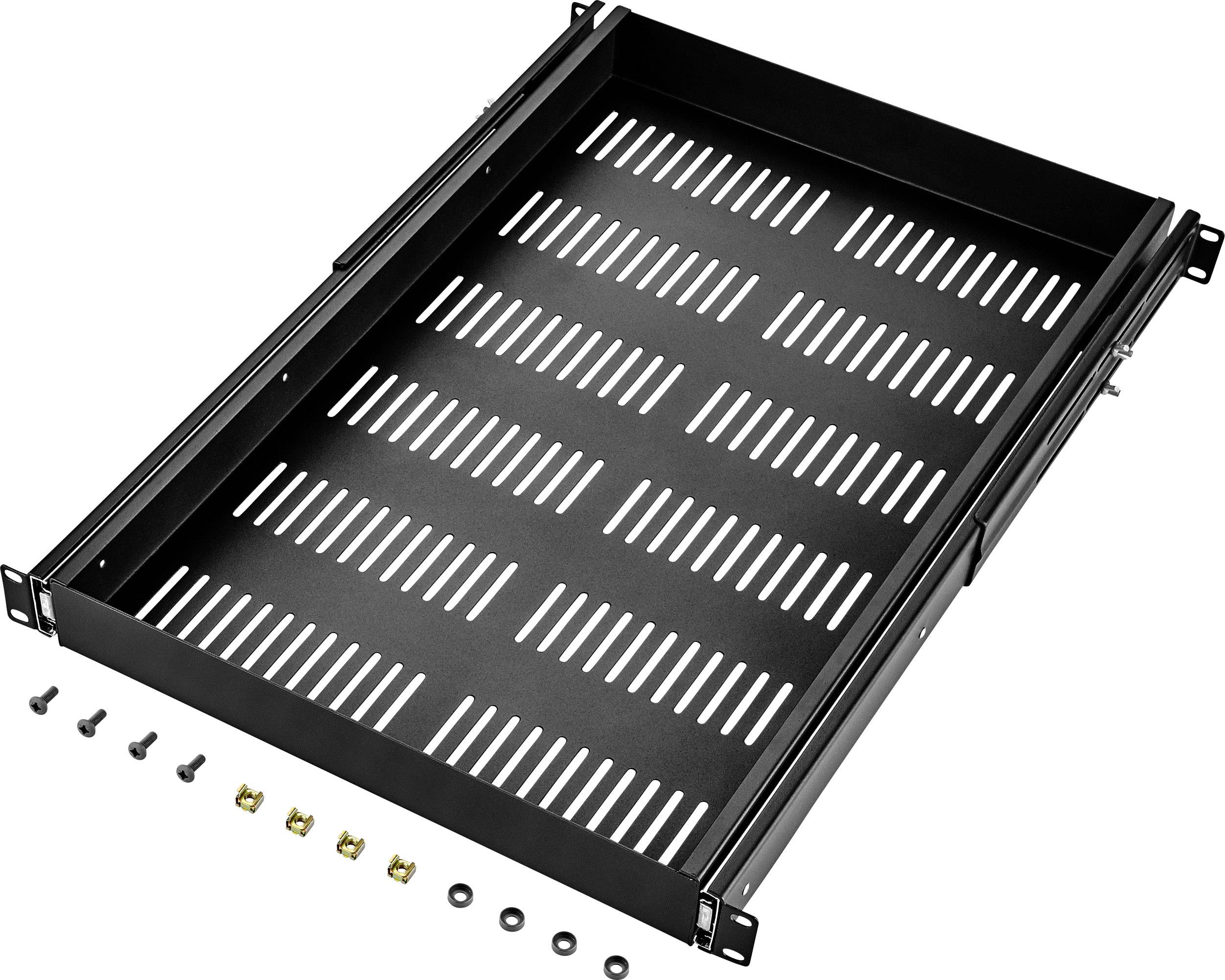 Schwarzes, perforiertes Rack-Einschubmodul mit Montagezubehör, darunter Schrauben und Abstandshalter. Ideal für Server-Racks.