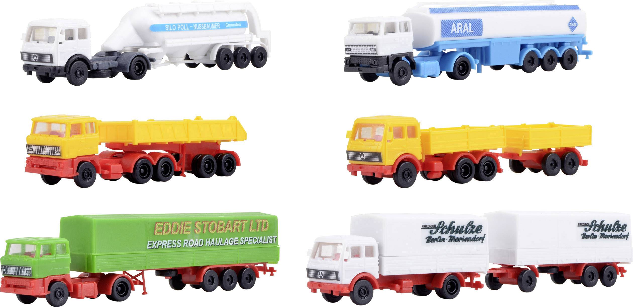 Sechs bunte Spielzeug-Lkw-Modelle: vorne und hinten Tanklaster, oben mit 'ARAL'-Logo, andere mit Aufliegern, einer mit 'EDDIE STOBART LTD'-Aufdruck.