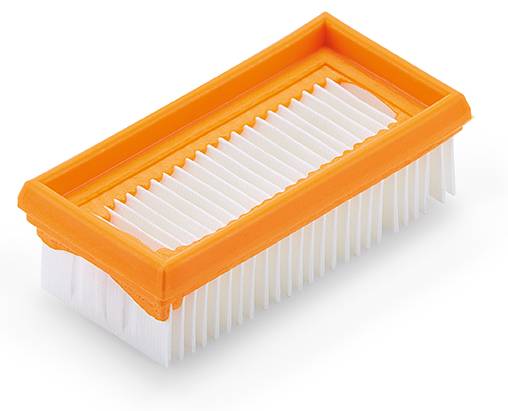 Ein rechteckiger, orange-weißer Luftfilter in einem Kunststoffrahmen.
