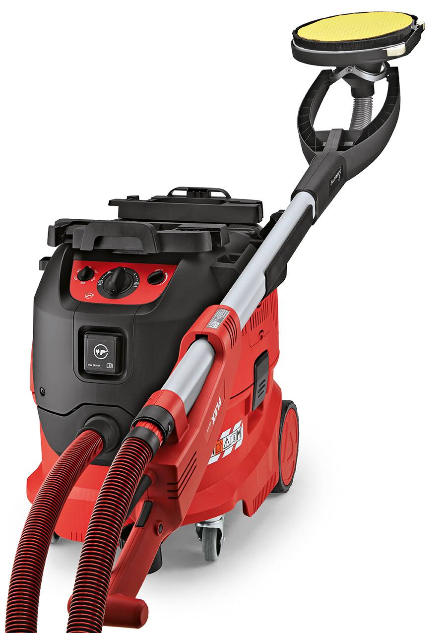 Roter Industriestaubsauger mit integriertem Schleifter, ideal zum Schleifen von Wänden und Decken.