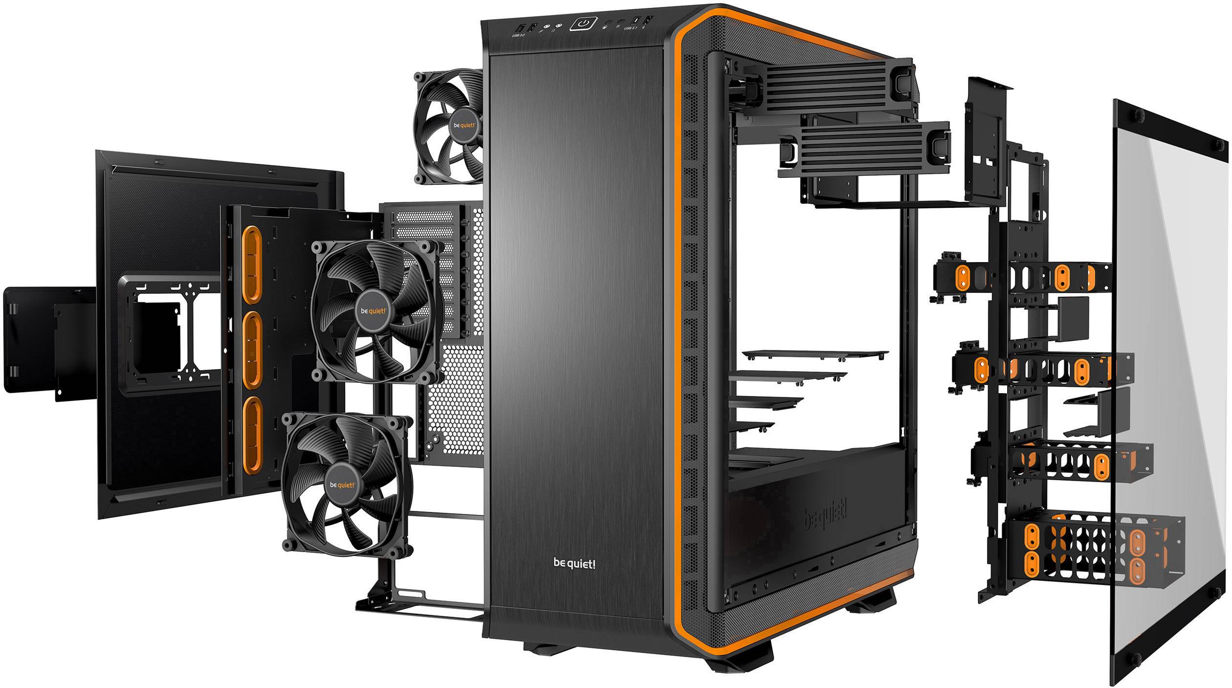 BeQuiet Dark Base Pro 900 rev.2 Midi-Tower PC-Gehäuse, Gaming-Gehäuse Schwarz, Orange gedämmt, Für AIO Wasserkühlung geeignet, 3 vorinstallierte