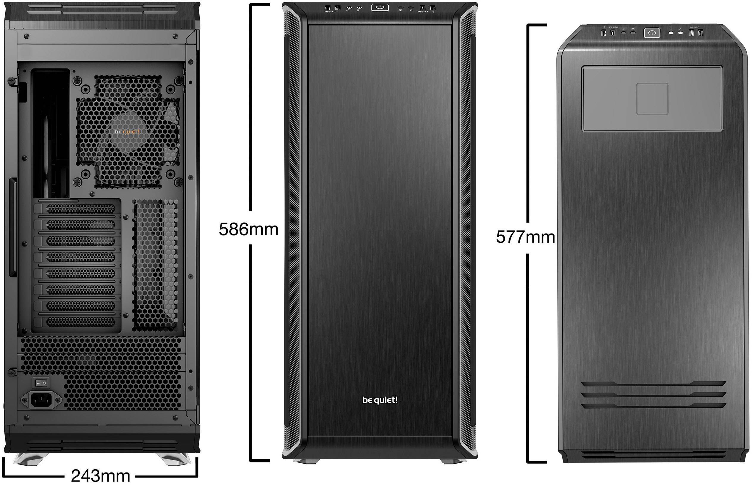 BeQuiet Dark Base Pro 900 Midi-Tower PC-Gehäuse, Gaming-Gehäuse Schwarz, Silber gedämmt, Für AIO Wasserkühlung geeignet, 3 vorinstallierte Lüfte