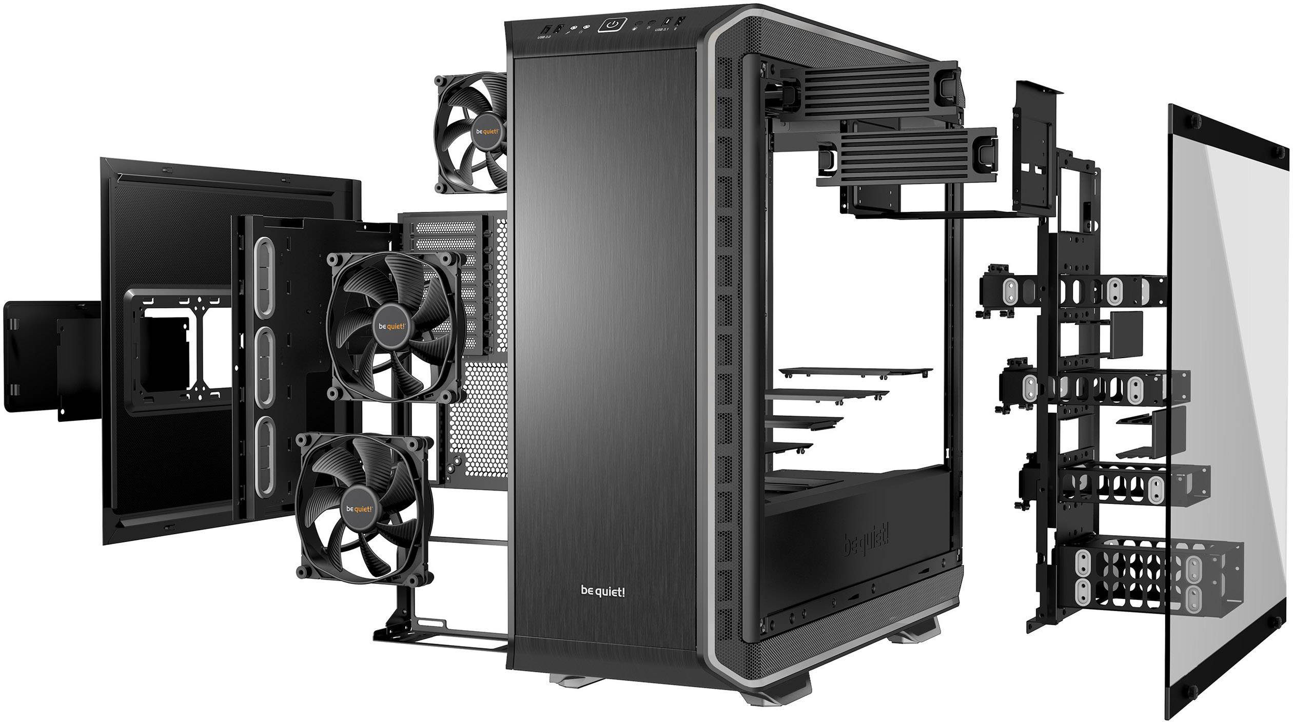 BeQuiet Dark Base Pro 900 Midi-Tower PC-Gehäuse, Gaming-Gehäuse Schwarz, Silber gedämmt, Für AIO Wasserkühlung geeignet, 3 vorinstallierte Lüfte