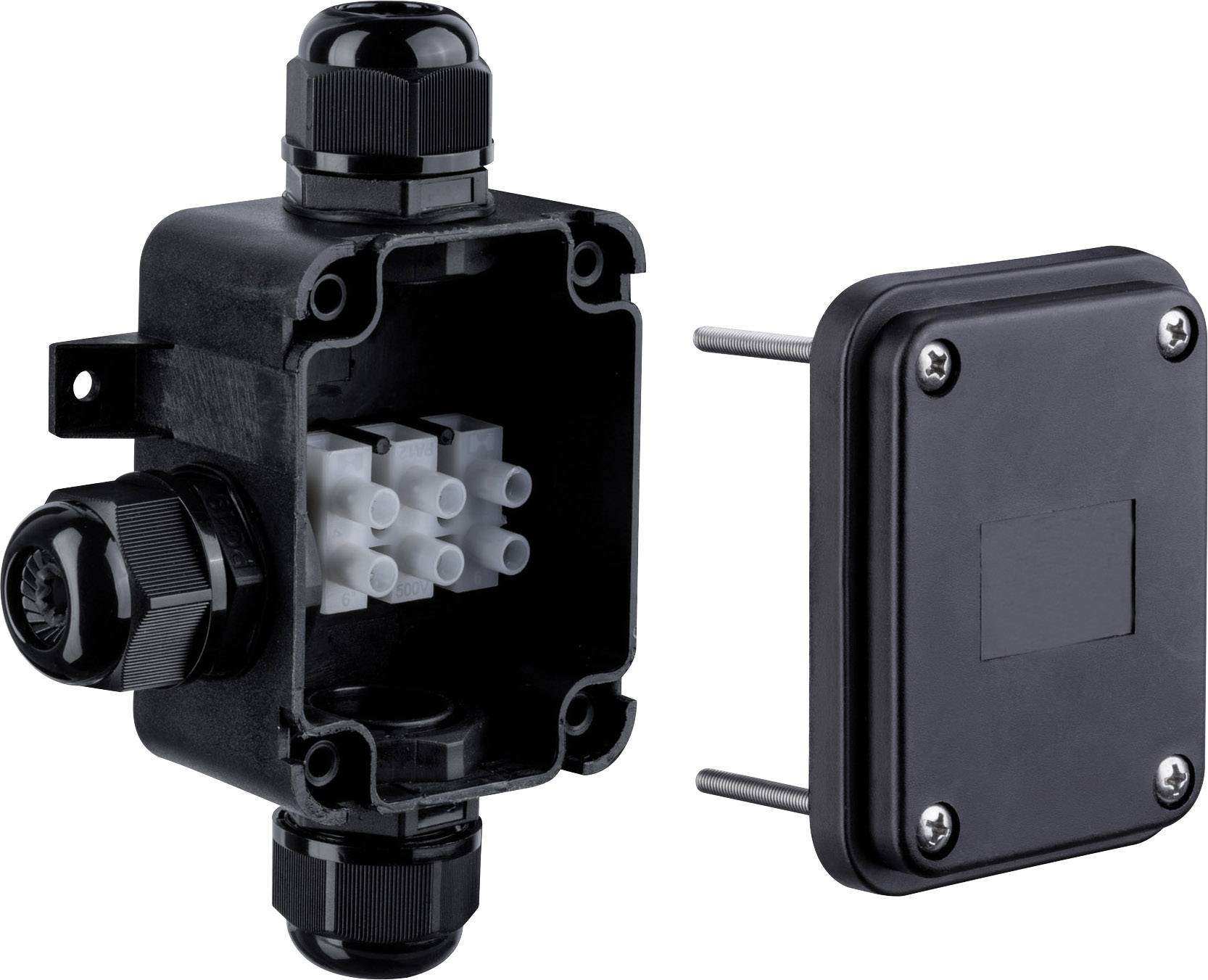 Schwarze elektrische Anschlussdose mit offenem Deckel, zeigt weiße Anschlüsse im Inneren und abnehmbare Abdeckung mit Schrauben.