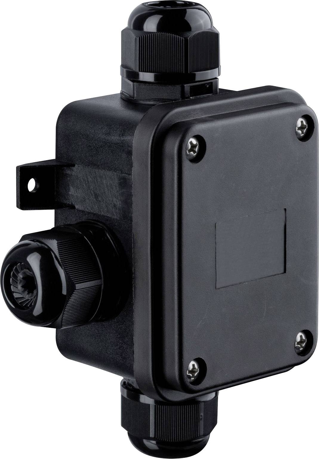 Schwarze, rechteckige Anschlussdose mit zwei Kabelverschraubungen auf einer Seite, geeignet für elektrische Installationen.