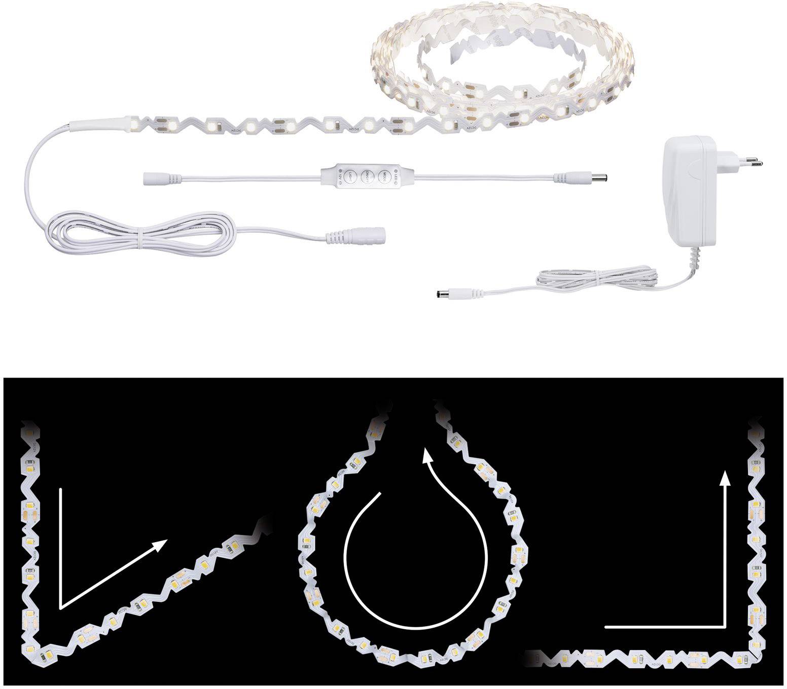 LED-Lichtleiste mit Adapter und Steuerung; unten: flexible Formen mit Pfeilen, die mögliche Anordnungen zeigen.
