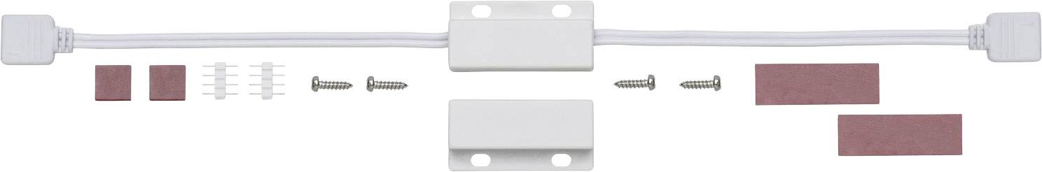 Ein weißer Magnetschalter-Kit mit Kabeln, Schrauben, Klebepads und Montageteilen. Hauptkomponente in der Mitte mit Kabelanschlüssen.
