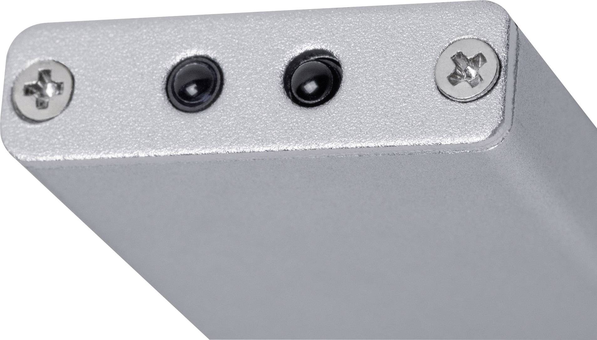 Eine silberne Metallleiste mit zwei schwarzen Sensoren und zwei Schrauben an der Oberseite.
