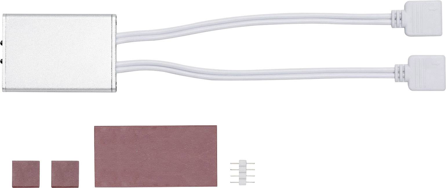 Silbernes elektrisches Gerät mit zwei Kabeln nach rechts; darunter rote rechteckige und quadratische Bauteile und ein kleiner Anschluss.