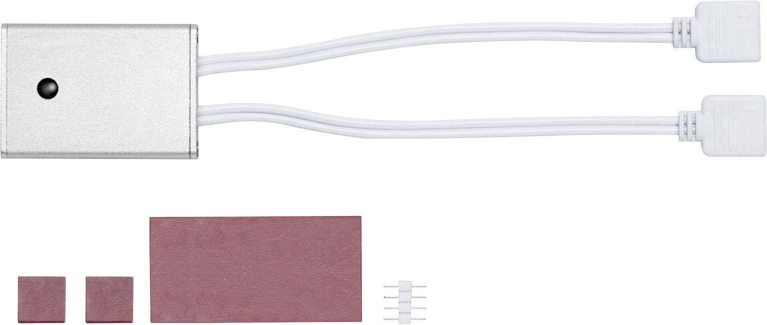 Ein elektronisches Gerät mit zwei weißen Kabeln, einem rechteckigen Metallgehäuse und roten, rechteckigen Bauteilen darunter.