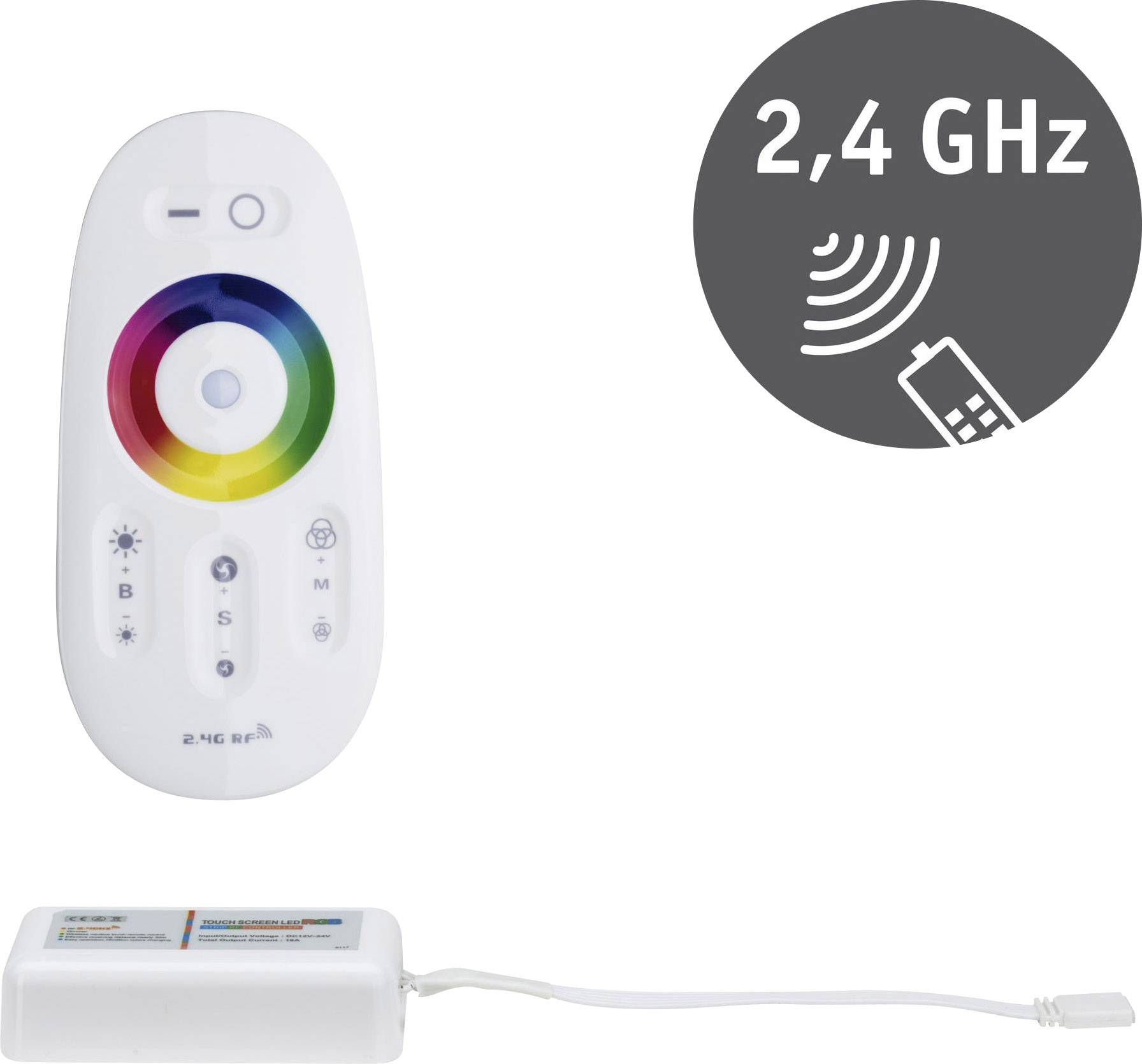 Eine Fernbedienung mit farbigem Kreis zur Steuerung von LED-Lichtern per 2,4 GHz Funk. Ein Empfänger ist ebenfalls abgebildet.
