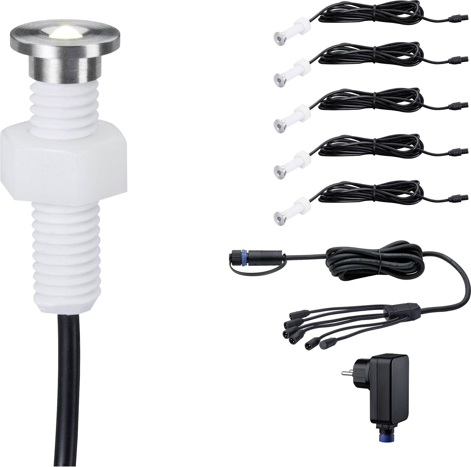 Rundes LED-Einbauleuchten-Set mit Kabeln und Netzteil, zeigt die Komponenten für eine Unterputzbeleuchtung.