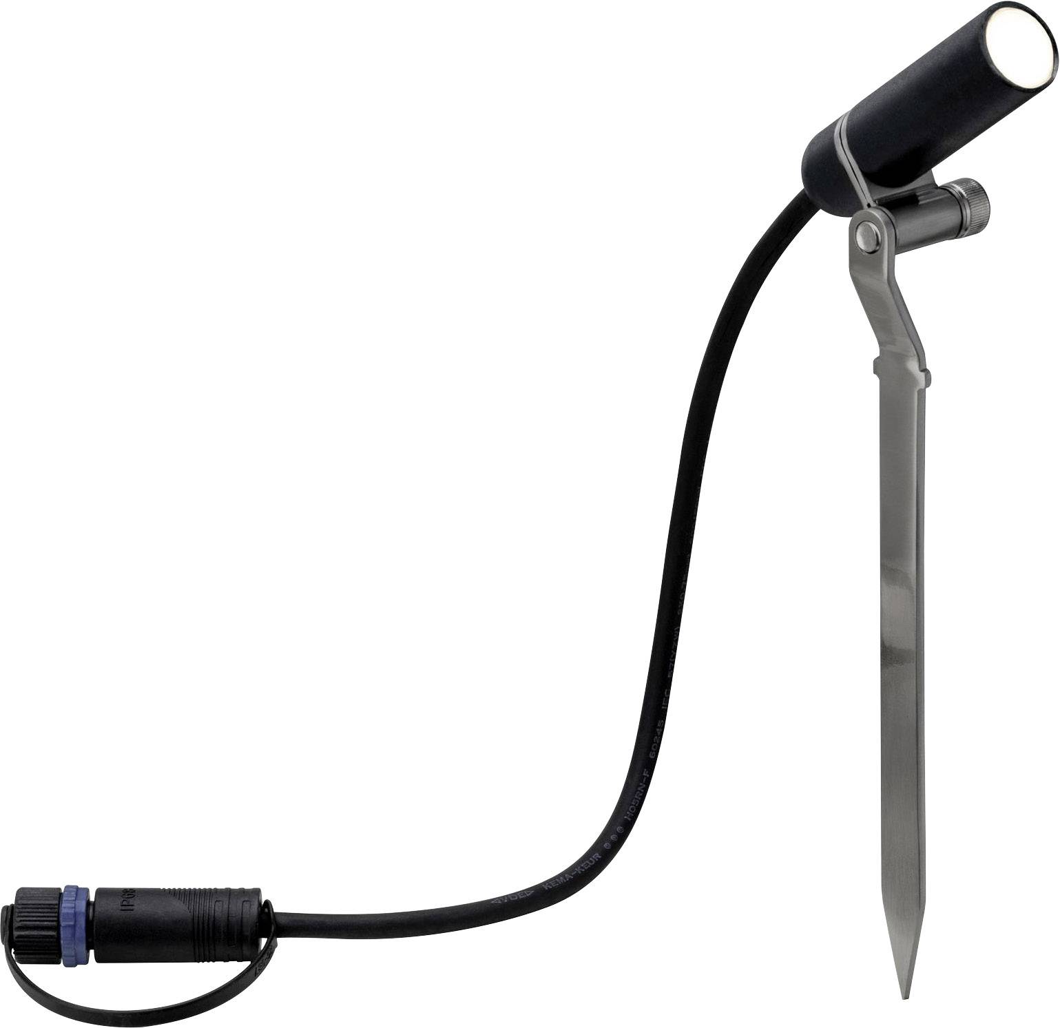 Eine schwarze LED-Gartenleuchte mit Erdspieß und Kabel.