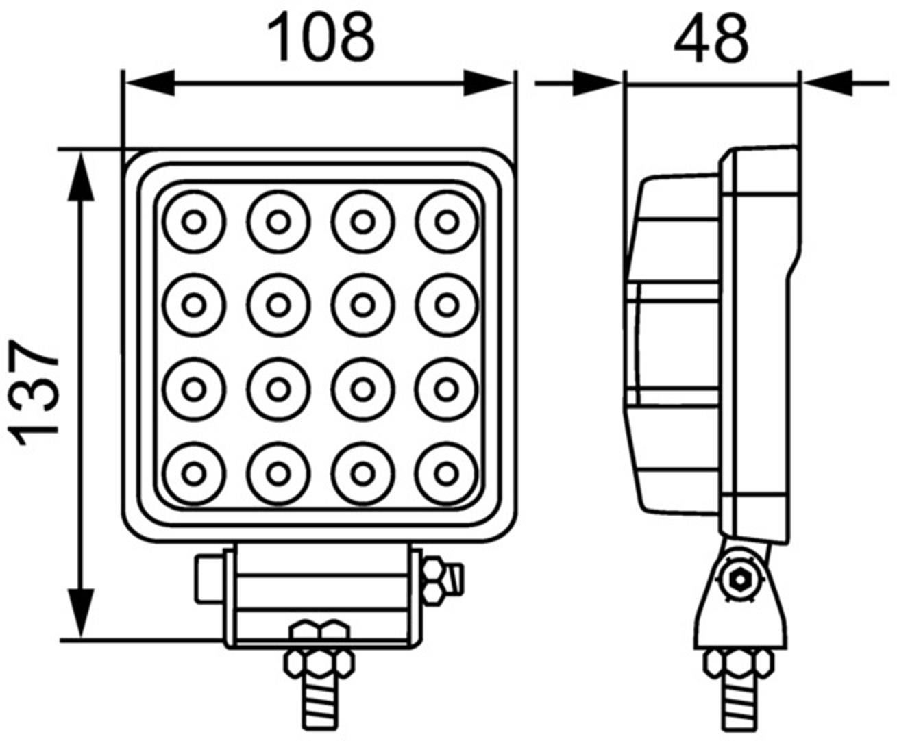 Technische Zeichnung eines quadratischen LED-Flutlichts mit Abmessungen: Breite 108 mm, Höhe 137 mm, Tiefe 48 mm.