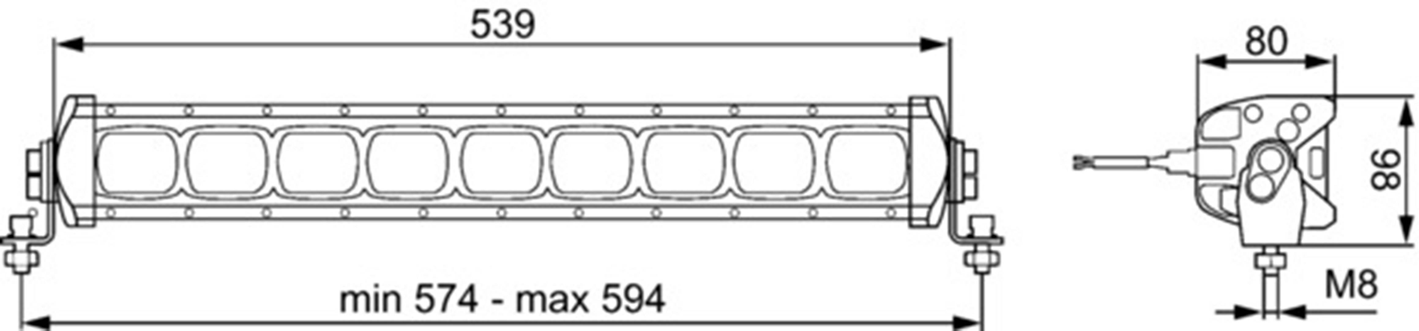 Technische Zeichnung einer Leuchte mit Abmessungen: Länge 539mm, Breite 80mm, Höhe 86mm, variabler Montagespannbereich 574-594mm.